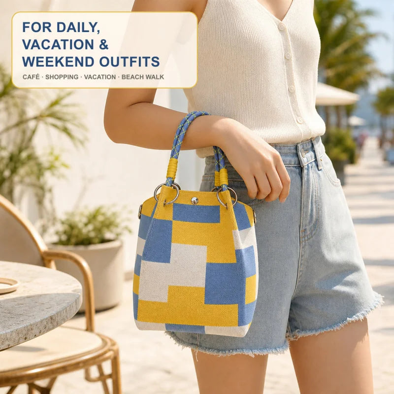 Mini Bolsa Bucket de Tricô Feminina com Alça Removível – Bolsa de Mão Geométrica Colorida