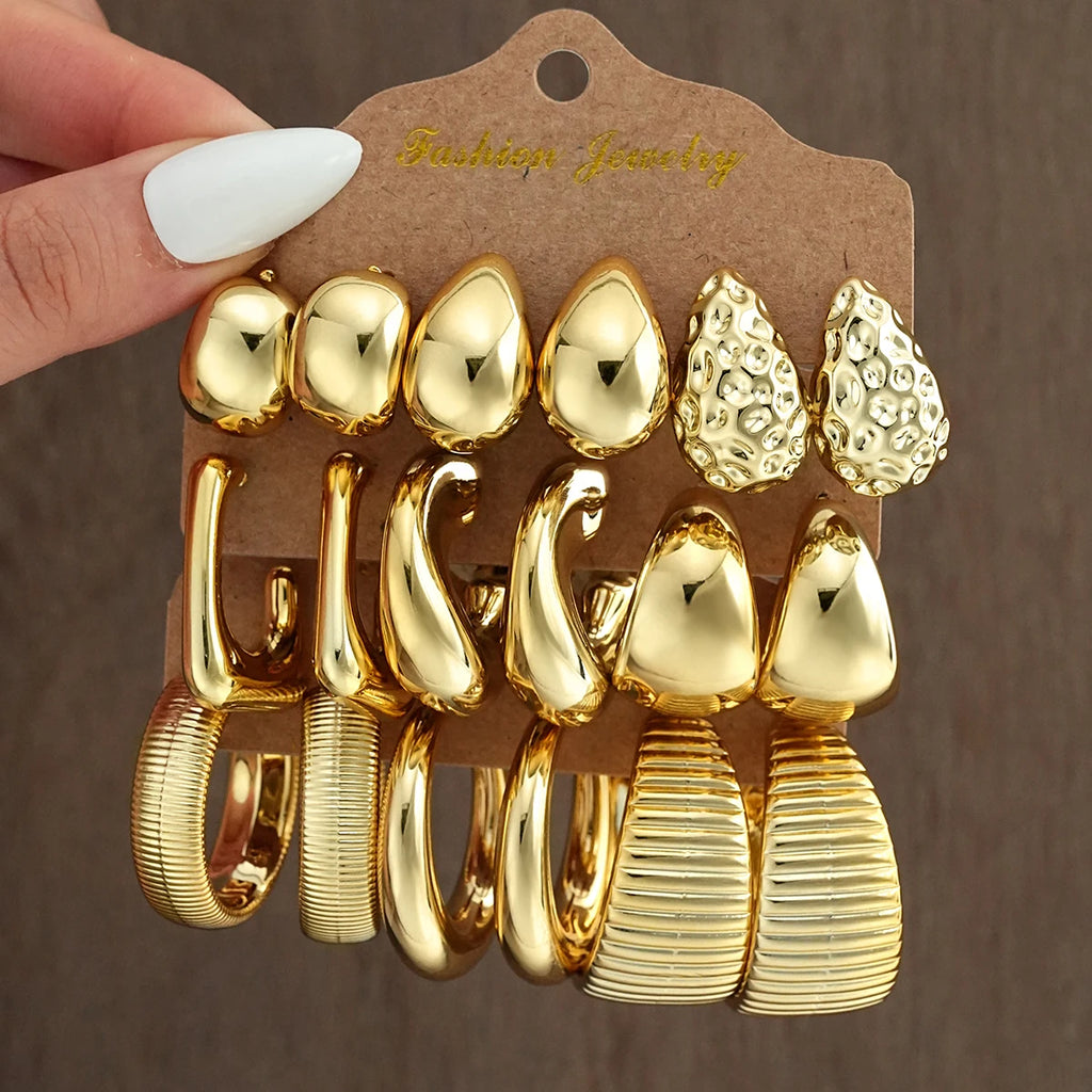 Kit 18 Pares de Brincos Argola Gota Vintage Punk – Dourado e Prateado, Uso Diário