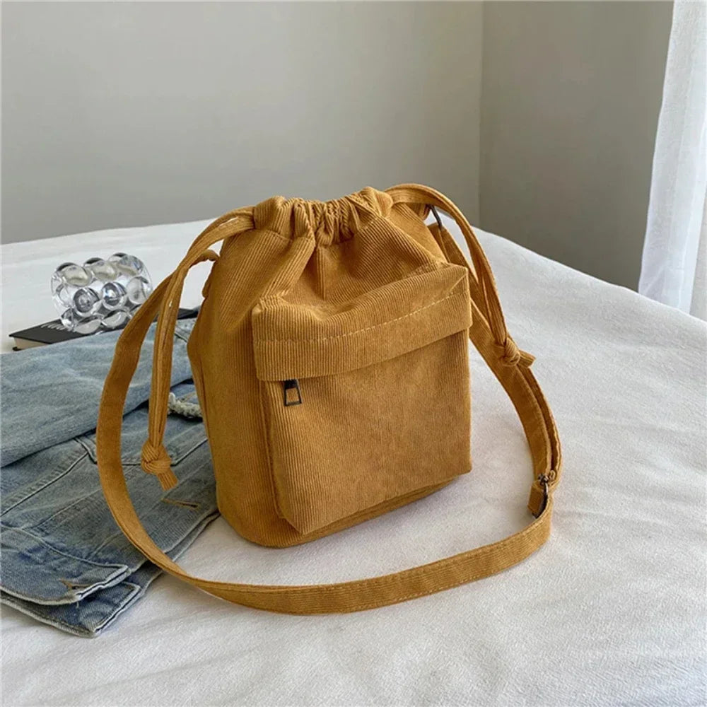 Bolsa Saco Feminina de Ombro com Cordão Estilo Coreano – Leve e Casual, 4 Cores