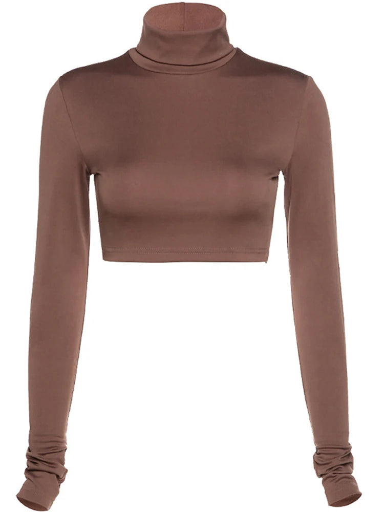 Blusa Cropped Gola Alta Básica Ajustada Feminina