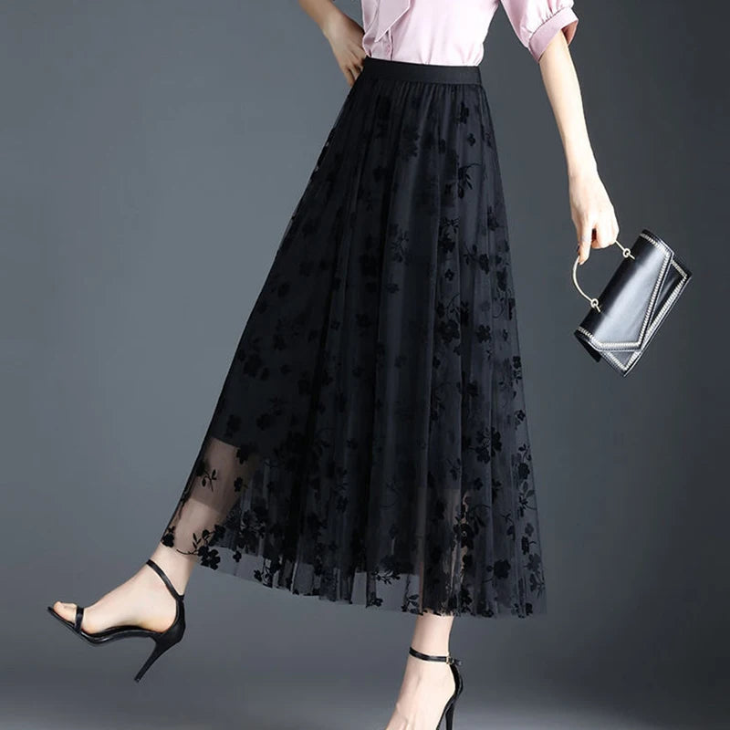 Saia Midi de Tule com Flores Bordadas Cintura Alta – Estilo Coreano