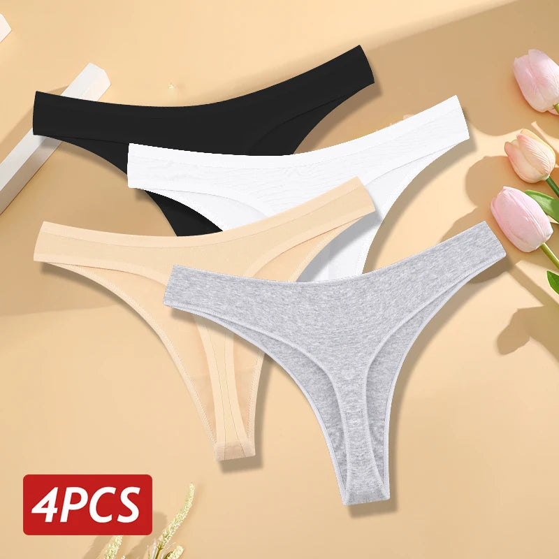 Kit 4 Calcinhas Fio Dental de Algodão Sem Costura Cintura Baixa em V Respirável Feminina