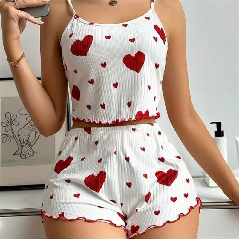 Conjunto Pijama Feminino Regata e Short com Estampa de Coração Vermelho Lingerie Sexy (P ao GG)