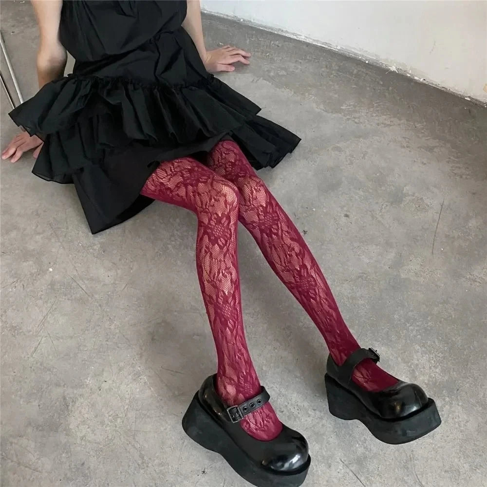 Meia-Calça Gótica Vazada Y2K com Flores