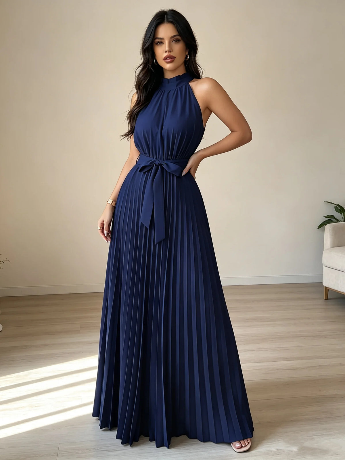 Vestido Longo Azul Marinho Ombro a Ombro com Laço na Cintura