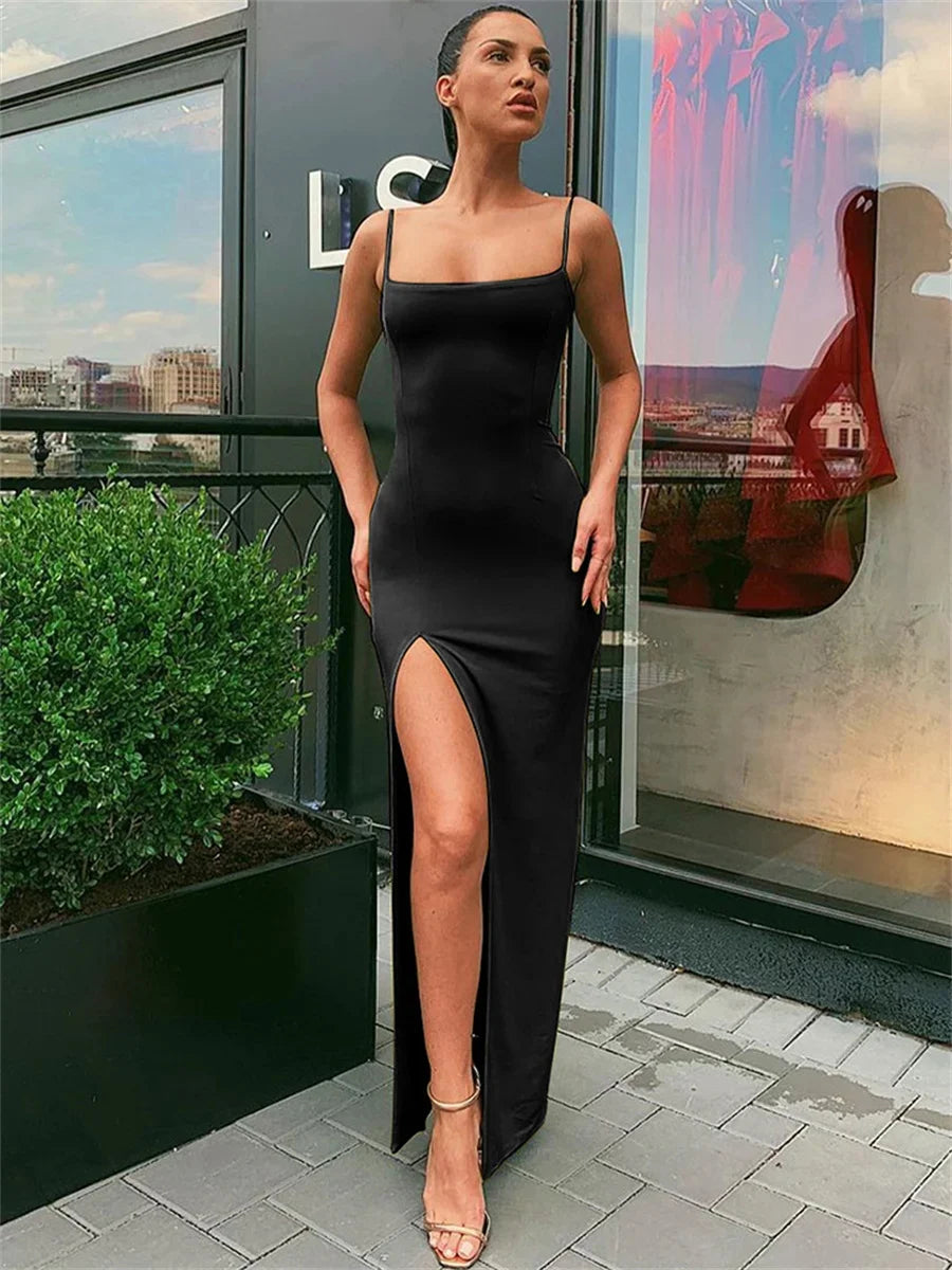 Vestido Midi Feminino Justo com Alças Finas e Fenda – Elegante Cor Sólida