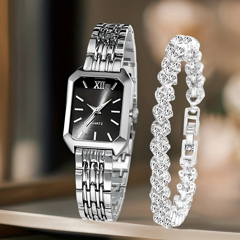 Kit 2 Peças Relógio Feminino Retangular de Quartzo com Pulseira de Strass
