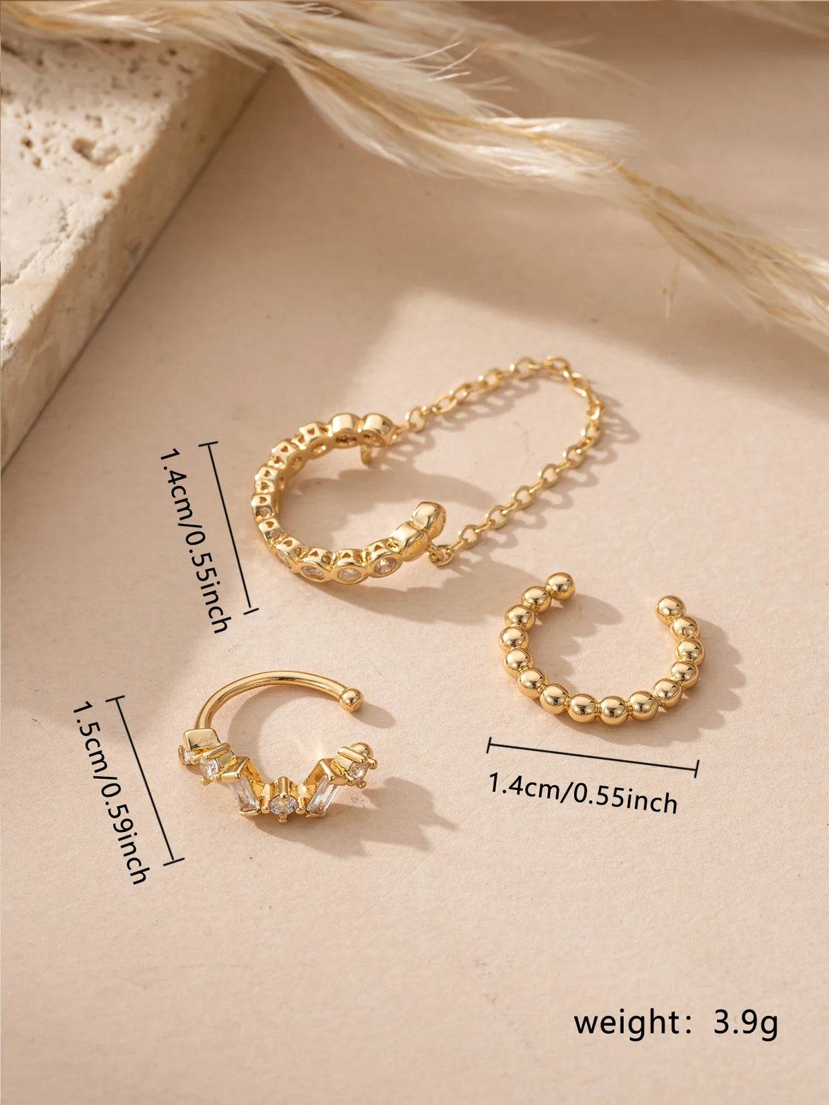 Conjunto 3 Peças Brincos Ear Cuff com Corrente Estilo Doce