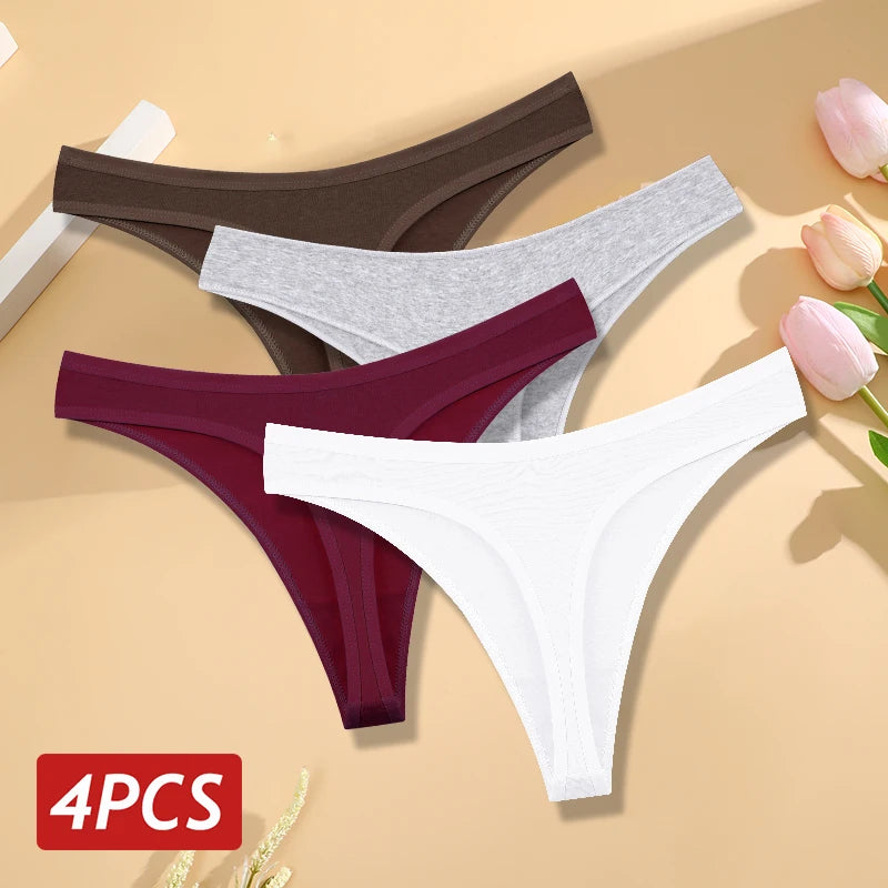 Kit 4 Calcinhas Fio Dental de Algodão Sem Costura Cintura Baixa em V Respirável Feminina