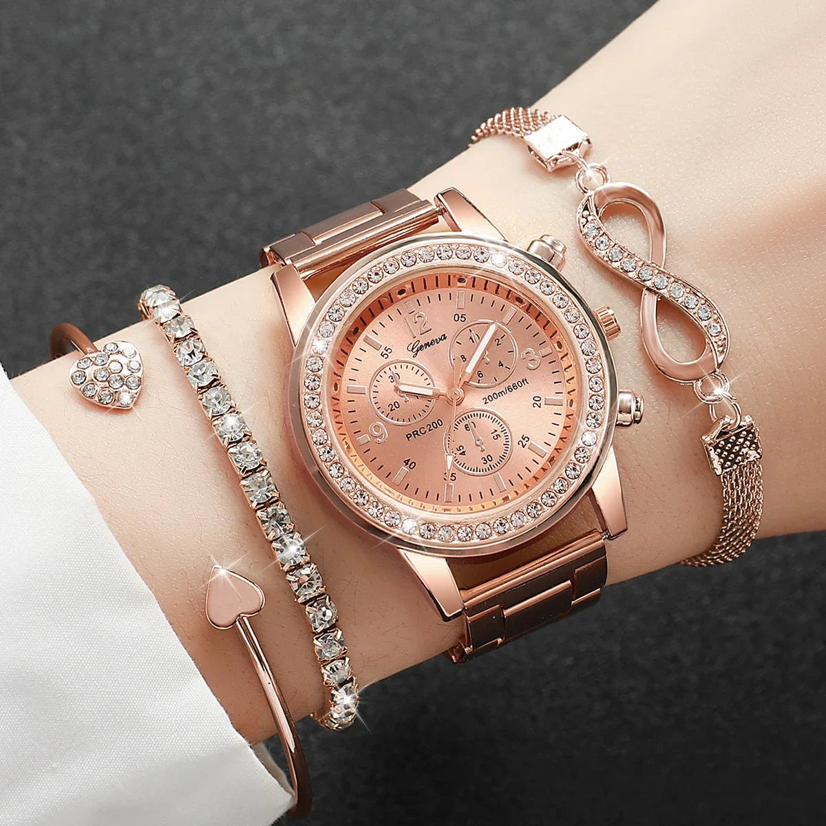 Conjunto 4 Peças Relógio Feminino com Strass e Pulseiras