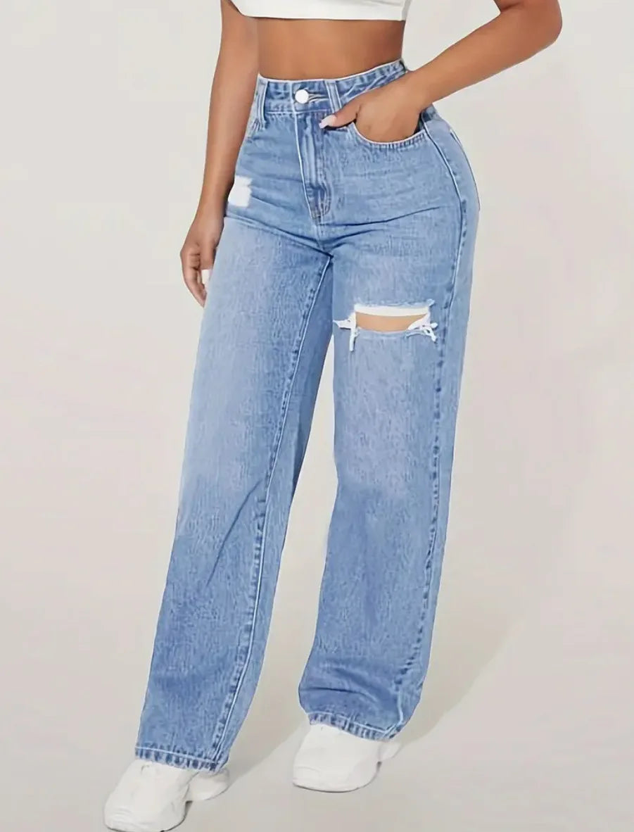 Calça Jeans Azul Rasgada Feminina Barra Desfiada