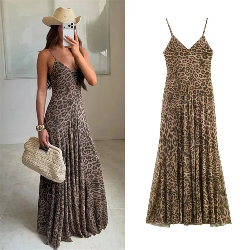 Vestido Midi Estampa de Onça com Alças Finas Modelagem A