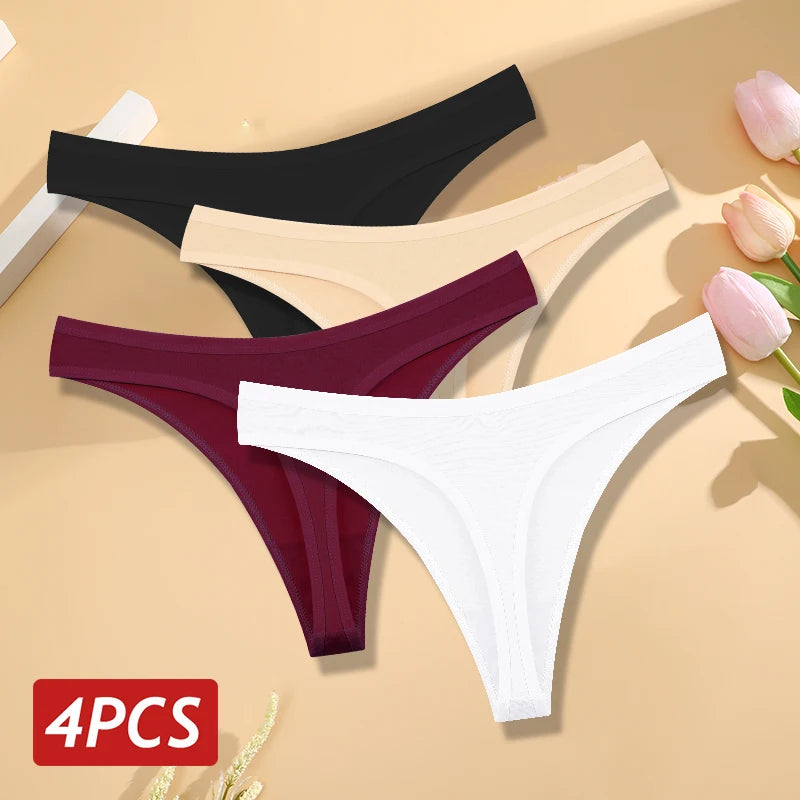 Kit 4 Calcinhas Fio Dental de Algodão Sem Costura Cintura Baixa em V Respirável Feminina