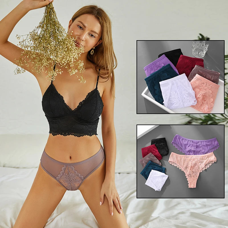 Calcinha Fio Dental de Renda Floral Transparente Cintura Baixa