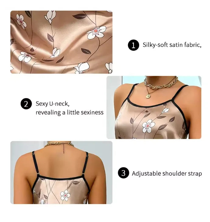 Camisola de Cetim Floral Sem Mangas Costas Nuas para Casa