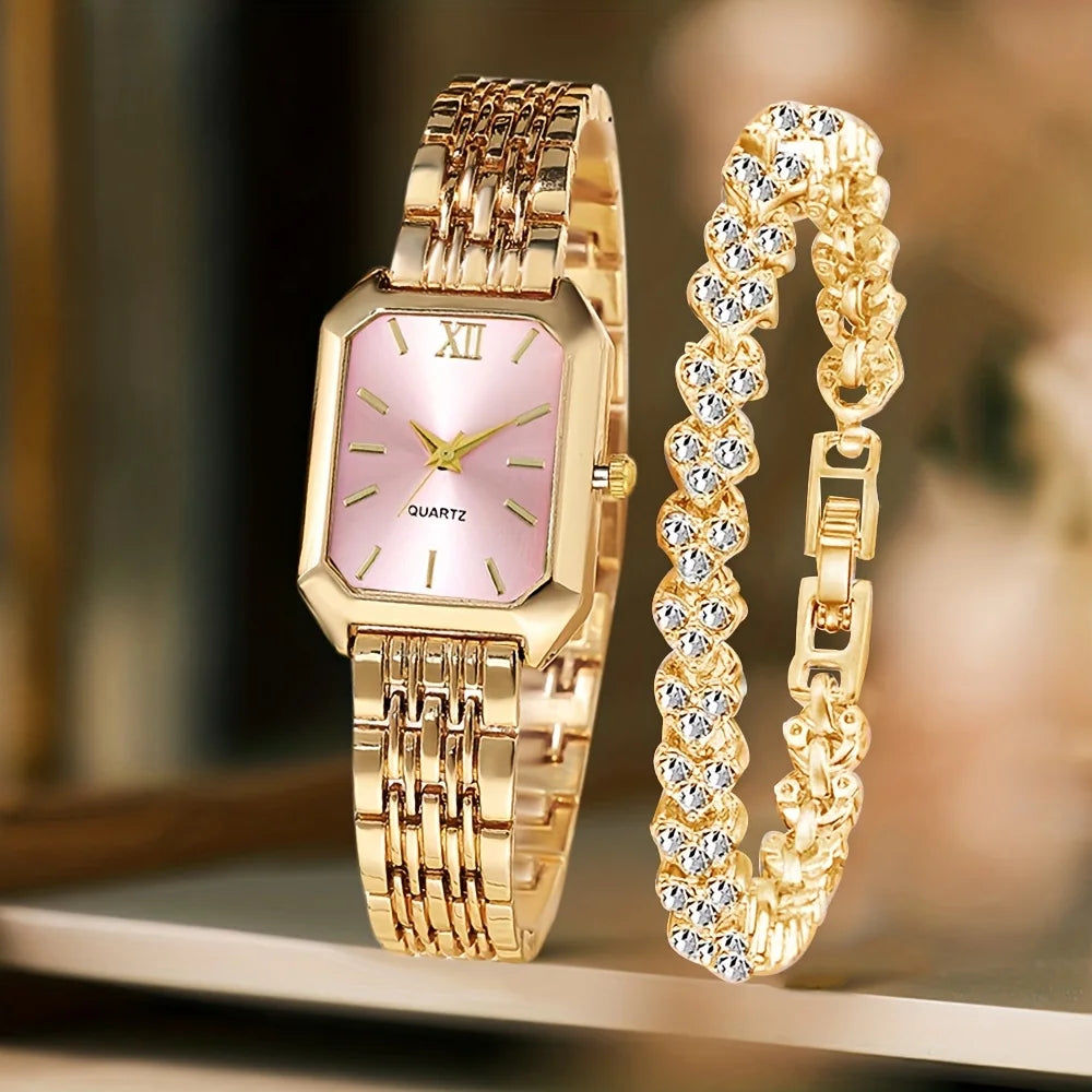 Kit 2 Peças Relógio Feminino Retangular de Quartzo com Pulseira de Strass