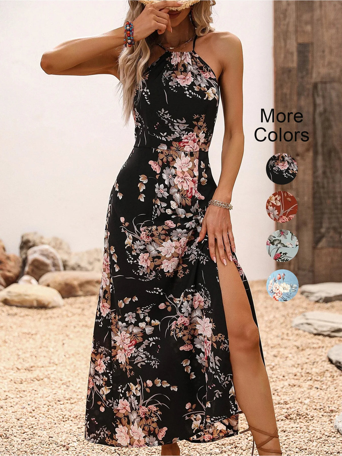 Vestido Longo Floral Frente Única com Fenda Alta – Verão, Praia e Festa