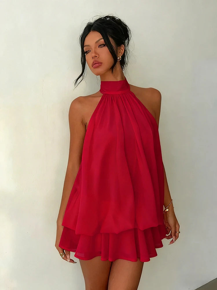 Vestido Curto Frente-Única Costas Nuas com Amarração e Babados de Chiffon