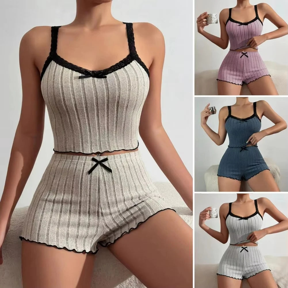 Conjunto Pijama Short com Alças e Laço Estampado Cetim Feminino