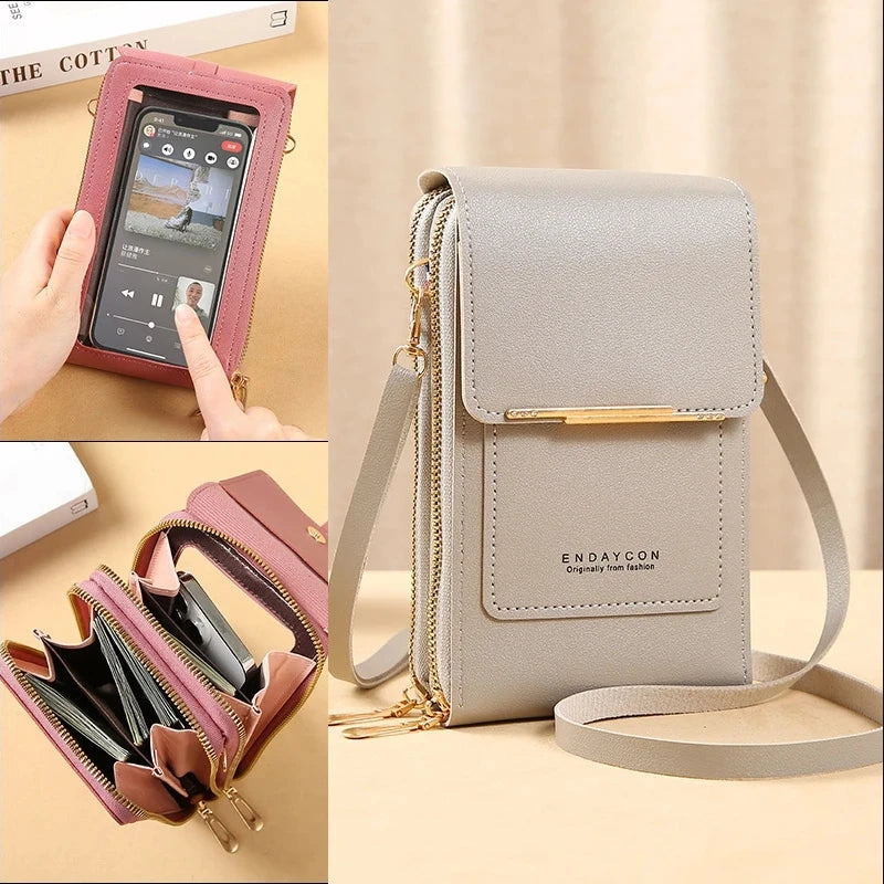 Bolsa Transversal Feminina Pequena Porta-Celular com Visor Touch e Porta-Cartões – 6 Cores