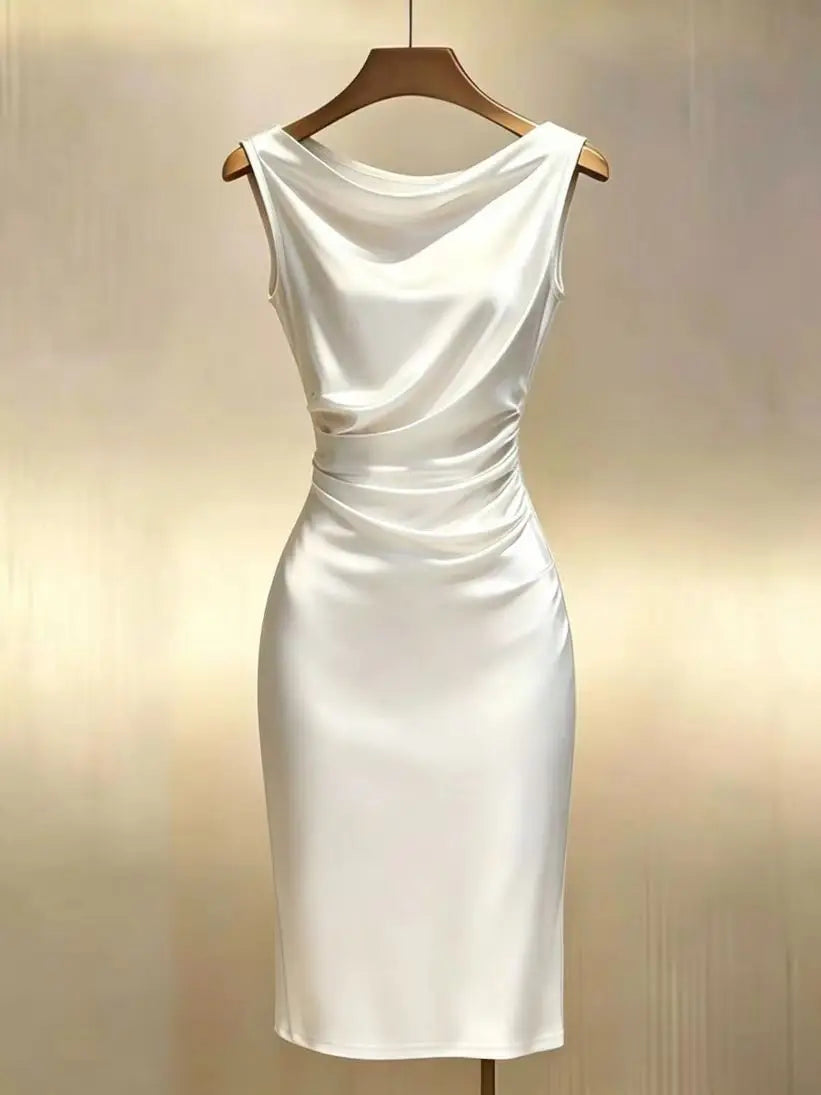 Vestido Midi Plissado Sem Mangas Elegante Estilo Francês
