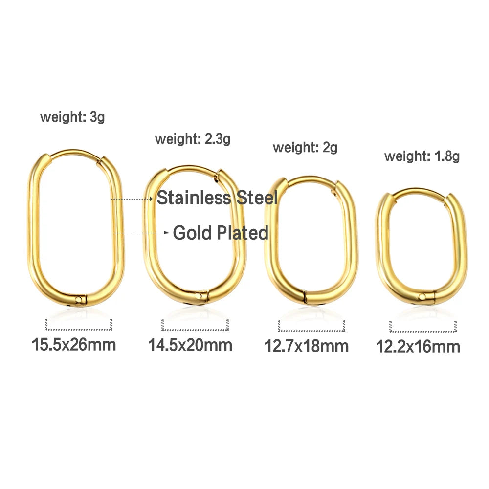 Brincos de Argola Oval Retangular em Aço Inoxidável – Antialérgicos, Dourado ou Prateado