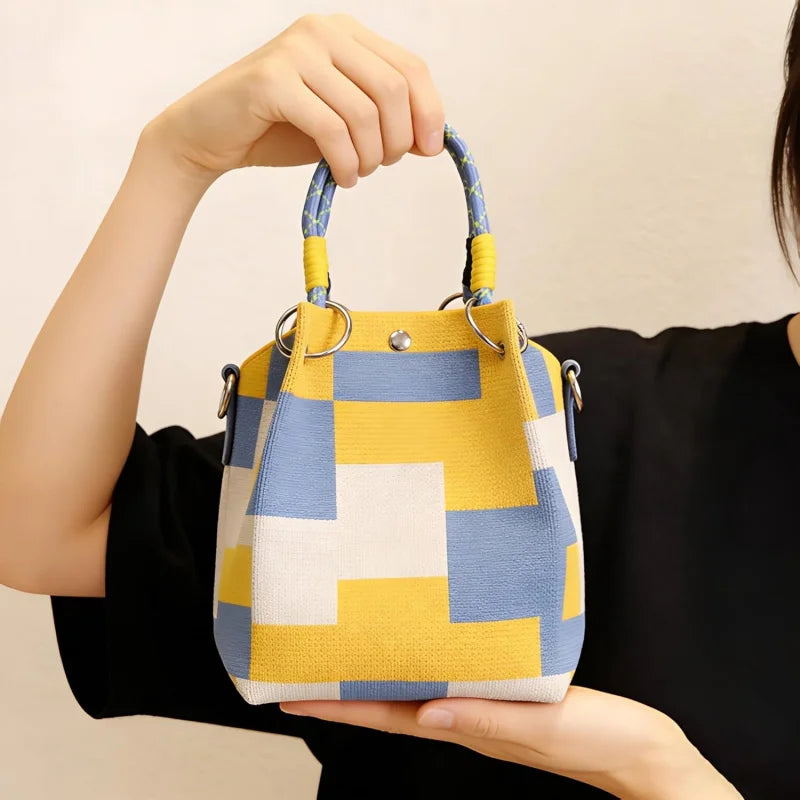 Mini Bolsa Bucket de Tricô Feminina com Alça Removível – Bolsa de Mão Geométrica Colorida