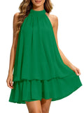Vestido Curto Frente-Única Costas Nuas com Amarração e Babados de Chiffon