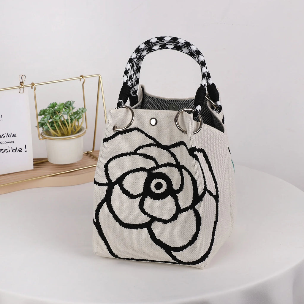 Mini Bolsa Bucket de Tricô Feminina com Alça Removível – Bolsa de Mão Geométrica Colorida