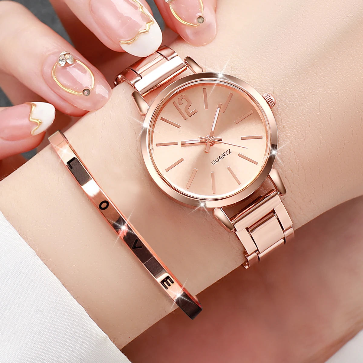 Conjunto 2 Peças Relógio Feminino de Aço com Pulseira Bracelete
