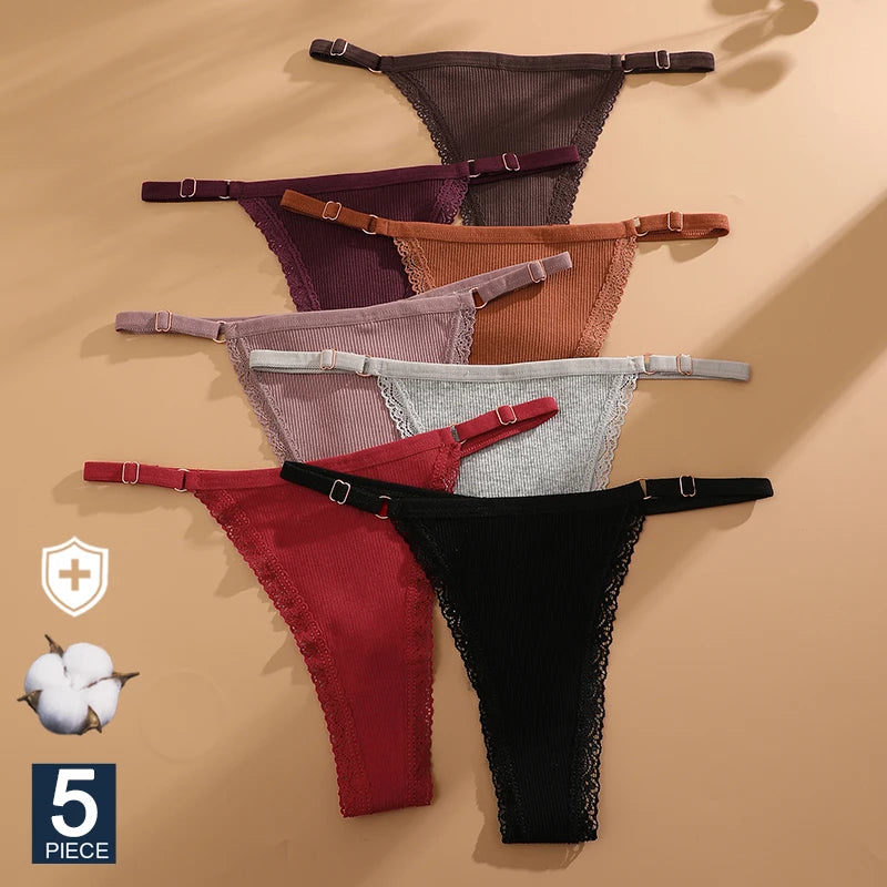 Kit 5 Calcinhas Fio Dental Sensuais de Algodão Cintura Ajustável Feminina