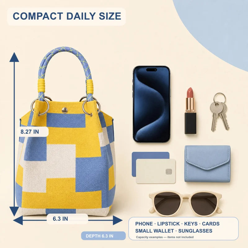 Mini Bolsa Bucket de Tricô Feminina com Alça Removível – Bolsa de Mão Geométrica Colorida