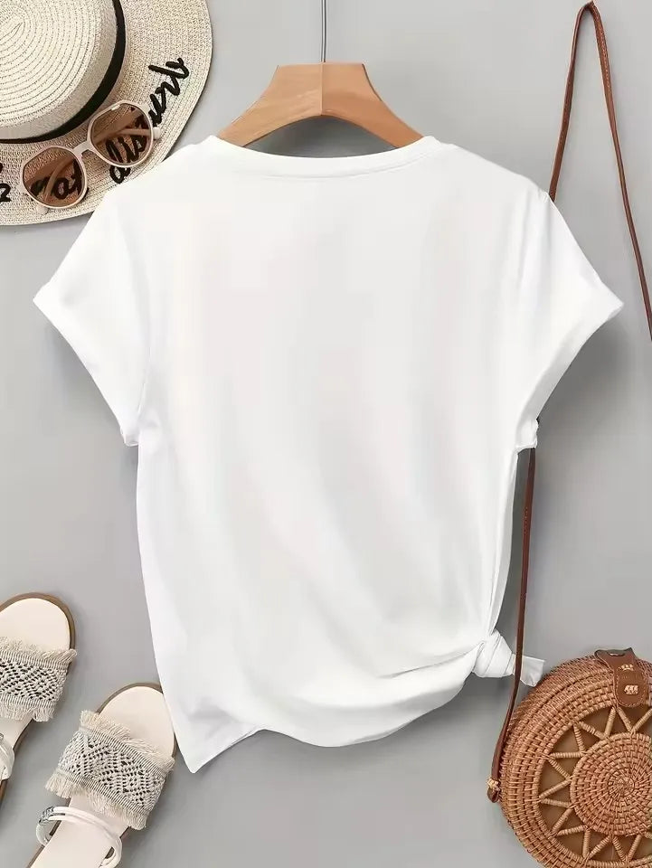 Camiseta Feminina Estampa Paris Manga Curta Gola Redonda Casual