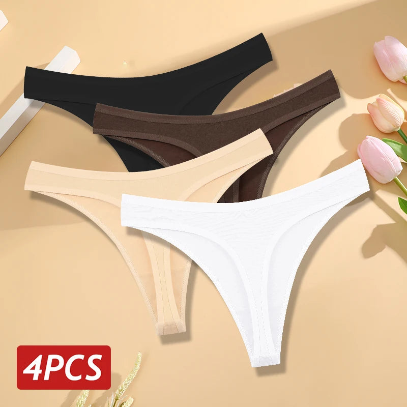 Kit 4 Calcinhas Fio Dental de Algodão Sem Costura Cintura Baixa em V Respirável Feminina