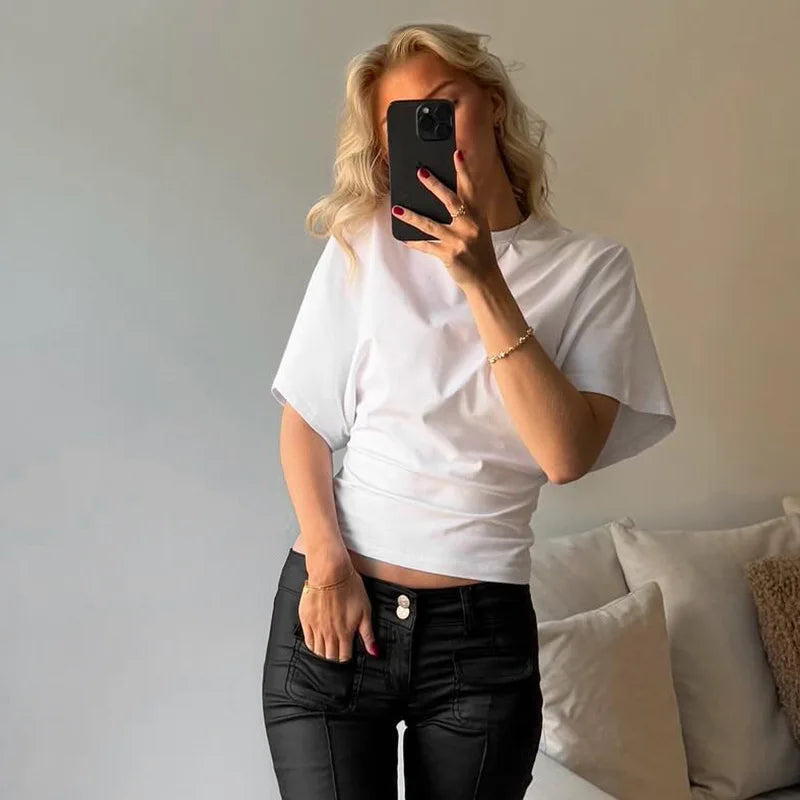 Camiseta Cropped Feminina Cinza Gola Redonda Estilo Corset