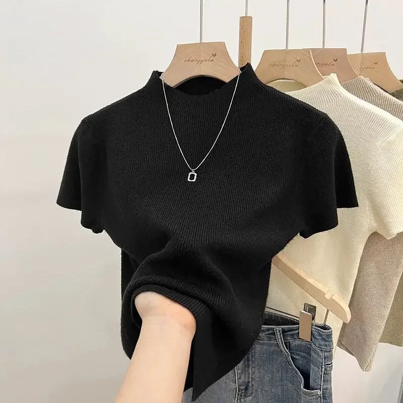 Suéter Feminino Básico de Tricô Gola Alta Manga Curta – Slim Ajustado de Verão