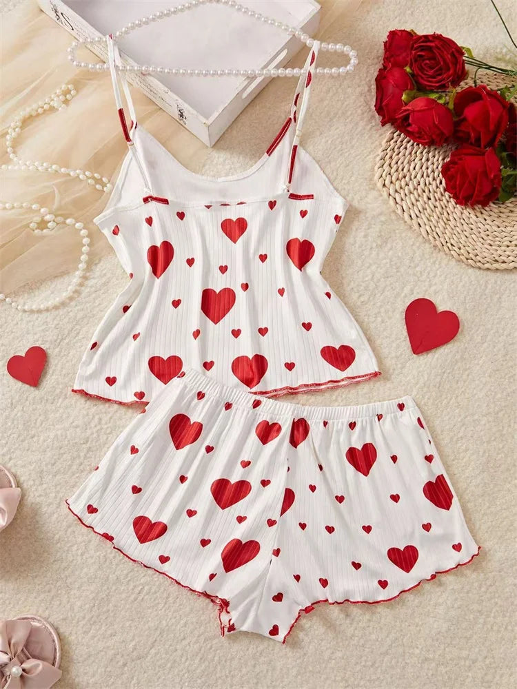 Conjunto Pijama Feminino Regata e Short com Estampa de Coração Vermelho Lingerie Sexy (P ao GG)