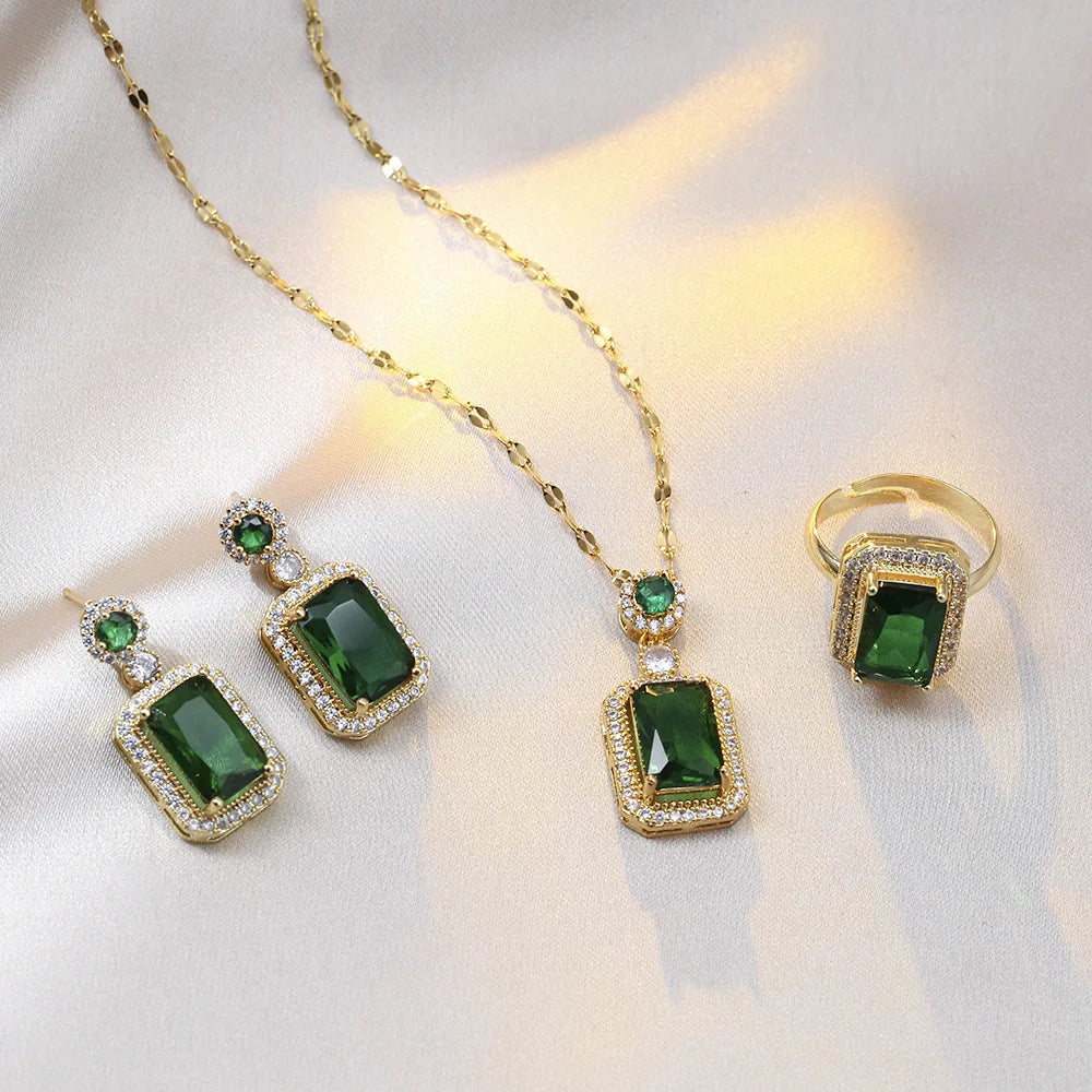 Conjunto 4 Peças Colar, Brincos e Anel com Strass Quadrado para Noiva e Festa