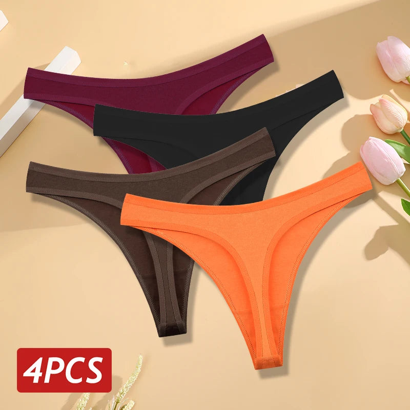 Kit 4 Calcinhas Fio Dental de Algodão Sem Costura Cintura Baixa em V Respirável Feminina
