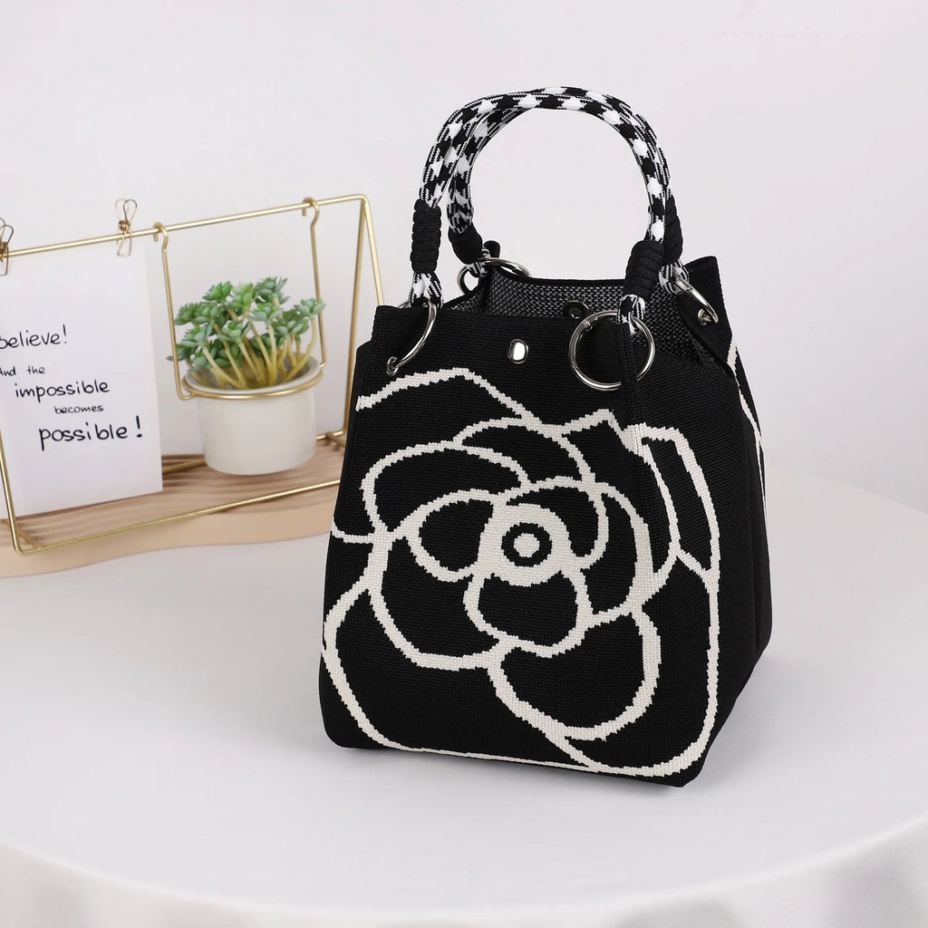 Mini Bolsa Bucket de Tricô Feminina com Alça Removível – Bolsa de Mão Geométrica Colorida