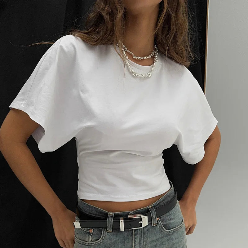 Camiseta Cropped Feminina Cinza Gola Redonda Estilo Corset
